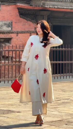 GULAB 2-Piece Chanderi Set with Handwork Roses & Pearl