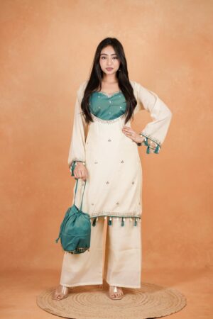 Elegant White Roman Silk Embroidered Suit Set with Blue Yoke