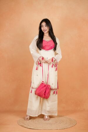 Elegant White Roman Silk Embroidered Suit Set with Pink Yoke