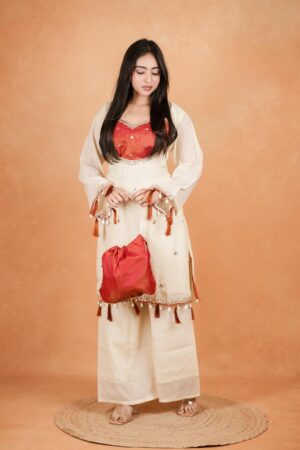 Elegant White Roman Silk Embroidered Suit Set with Orange Yoke