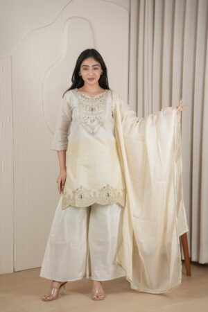 Ivory Tissue Silk Embroidered Suit Set for Women | Straight Fit Co-Ord with Dupatta
